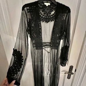 Black sheer embroidered kimono